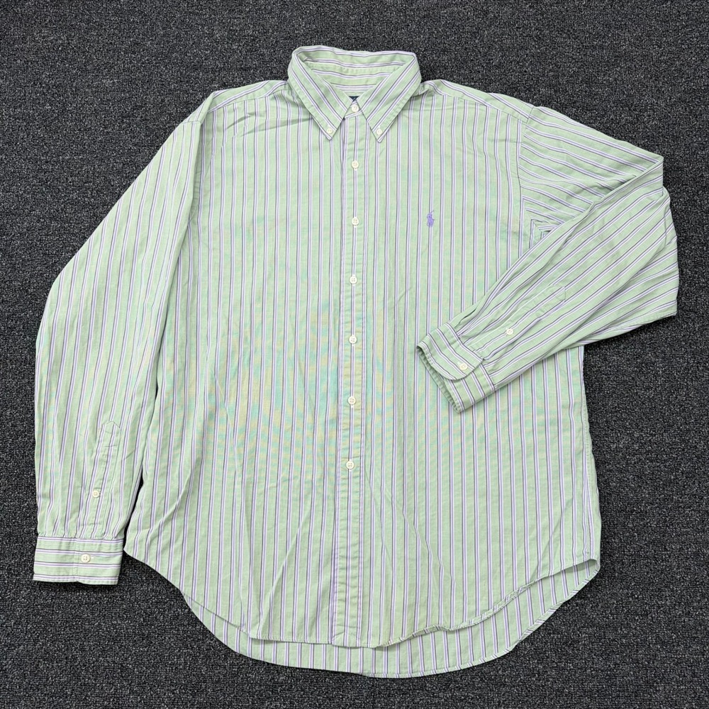 Ralph Lauren Classic Fit Mens XL Green Purple Striped Button Down Shirt Cotton